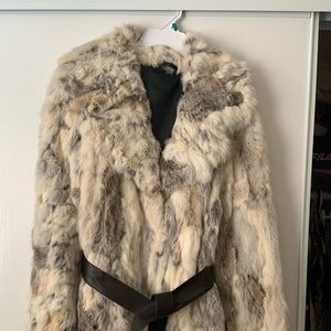Rabbit fur coat with waist strap. Hip length